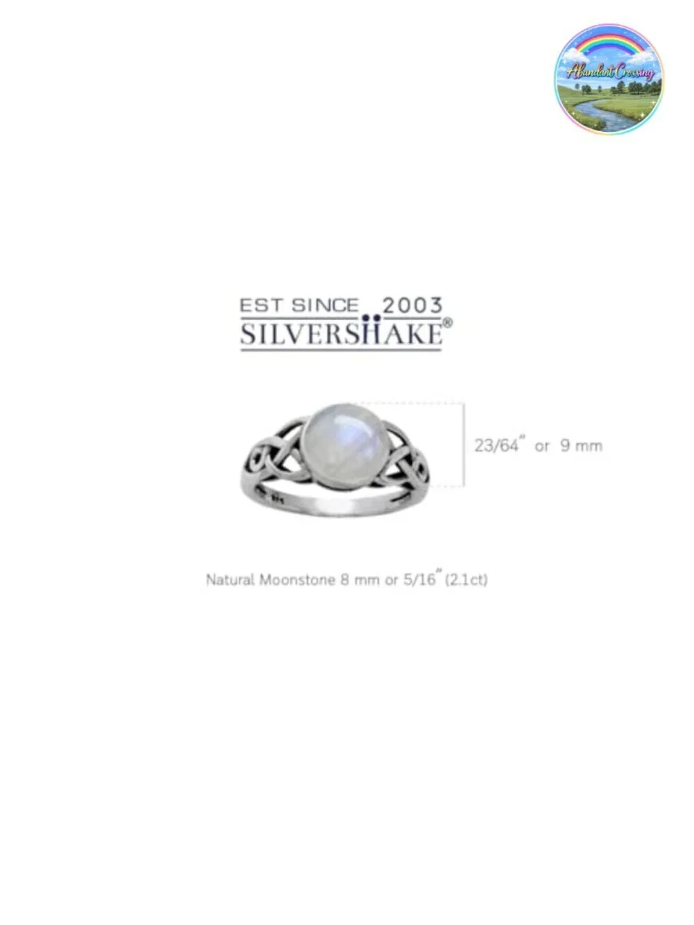 8mm Natural Moonstone 925 Sterling Silver Triquetra Celtic Knot Ring